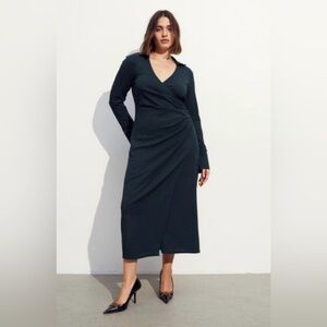 H&M wrap long holiday dark green dress with collar